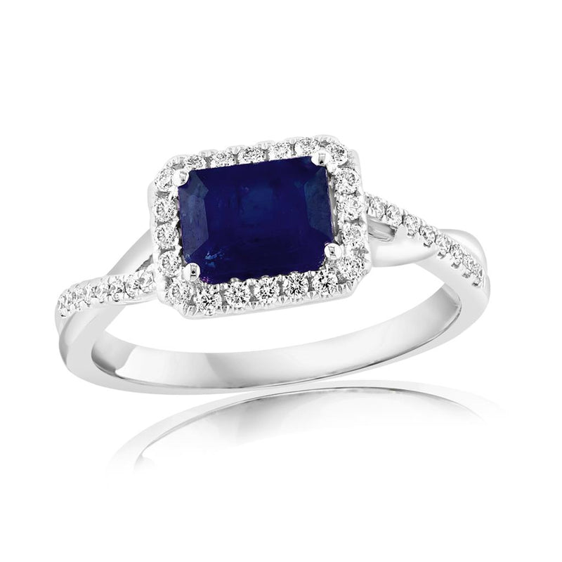 Davis Classics Sapphire and Diamonds Halo Fashion Ring in 18k White Gold