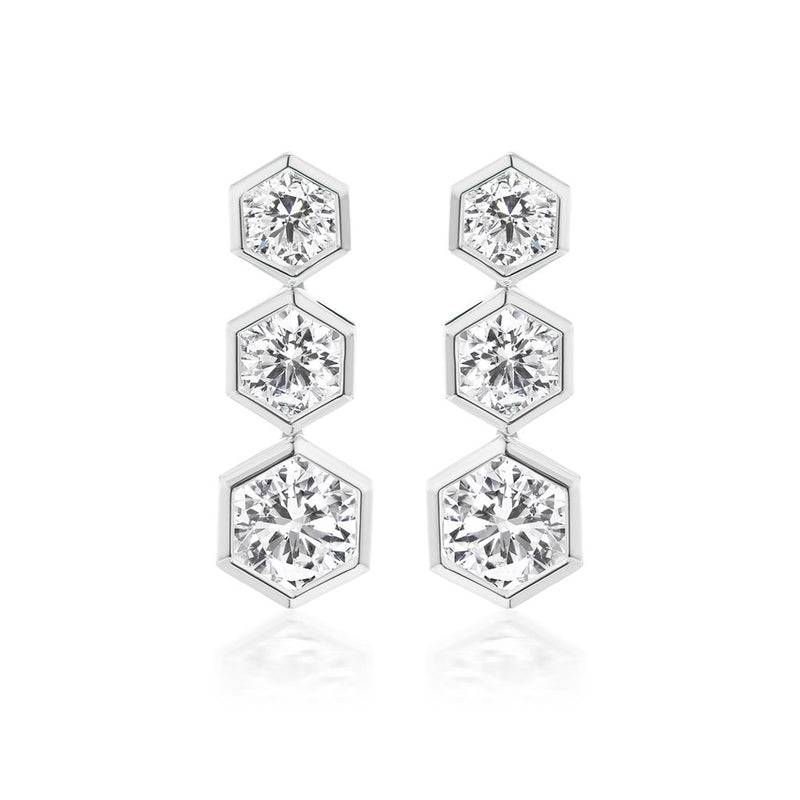 Davis Classics 18k White Gold Hex Broadway Triple Diamond Drop Earrings