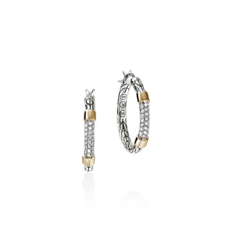 John Hardy 14k Yellow Gold and Sterling Silver Essential Pave Diamond Hoop Earrings