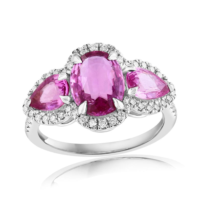 Davis Classics Platinum Pink Sapphire and Diamond Three-Stone Halo Ring