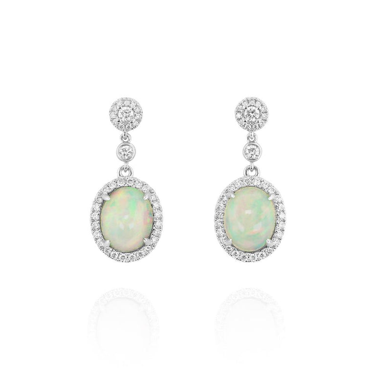 Yael Designs 18k White Gold Oval Halo Ethiopian White Opal Dangle Earrings