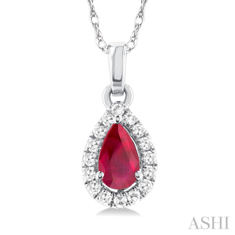 Davis Classics 14k White Gold Pear-Cut Ruby and Diamond Halo Pendant Necklace