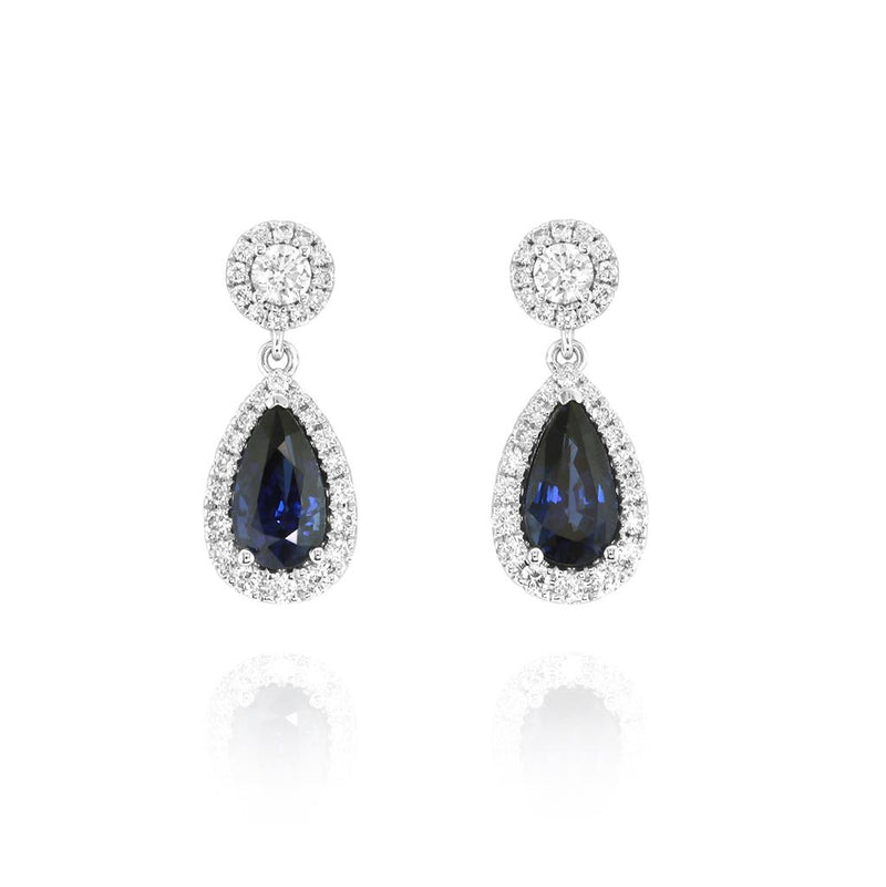 Yael 18k White Gold Blue Sapphire and Diamond Halo Drop Earrings