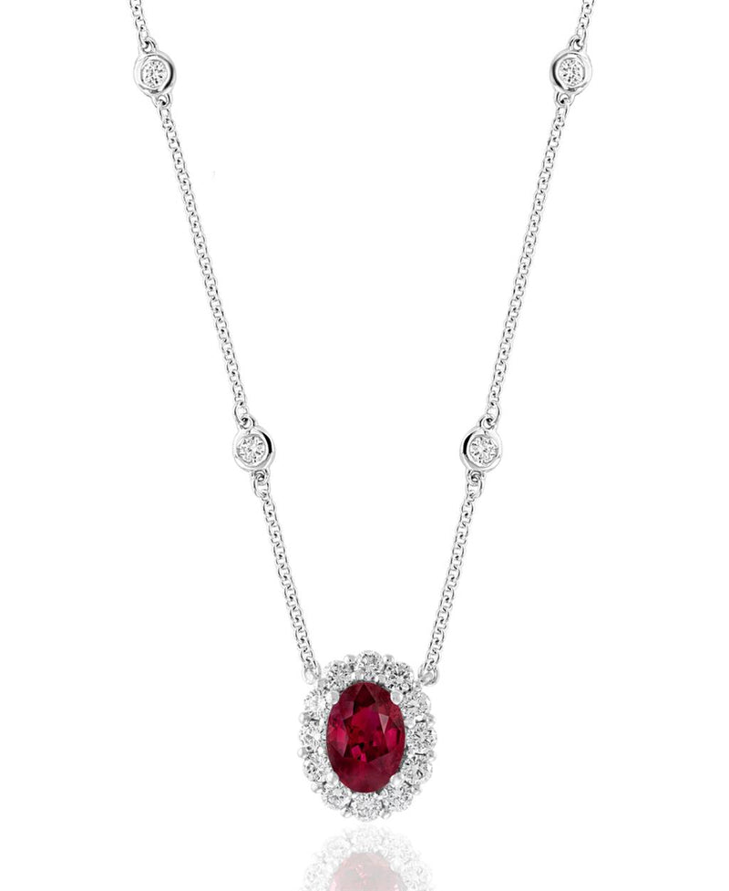 Davis Classics 18k White Gold Ruby and Diamond Halo Pendant Necklace