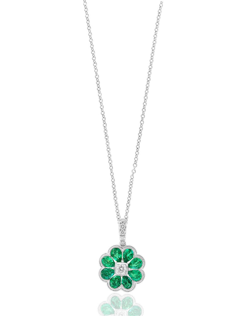 Davis Classics 18k White Gold Floral Vintage Emerald and Diamond Pendant Necklace