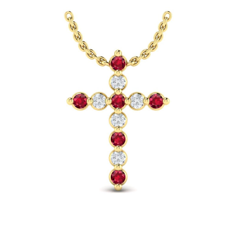 Vlora 14k Yellow Gold Adella Color Collection Ruby and Diamond Cross Pendant Necklace