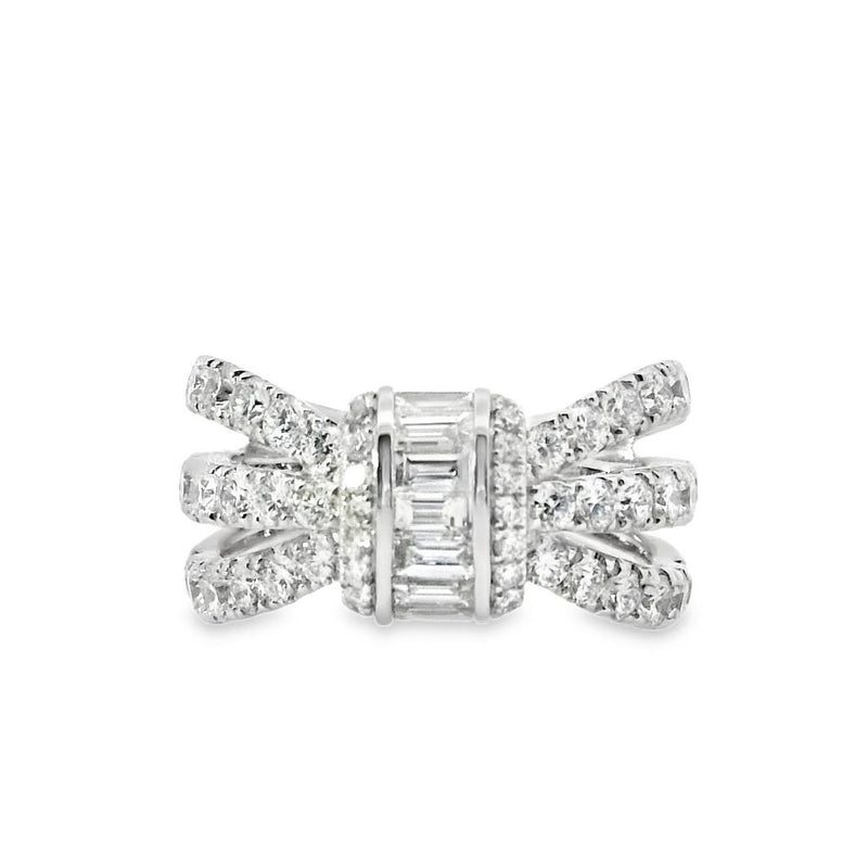 Charles Krypell 18k White Gold Baguette and Round Diamond Bow Design Ring