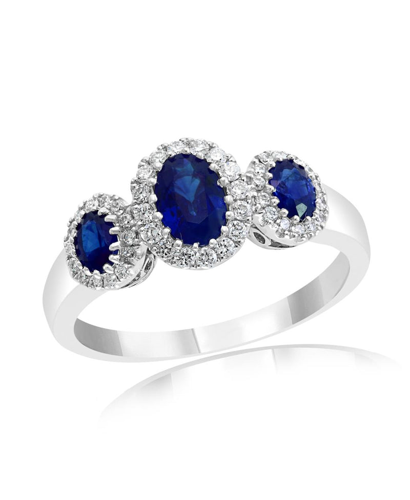 Davis Classics 14k White Gold Three-Stone Halo Ceylon Blue Sapphire and Diamond Fashion Ring