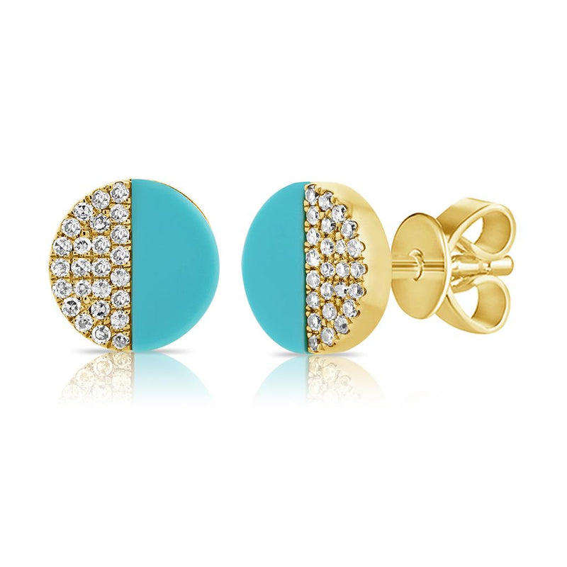 Davis Classics Turquoises and Diamonds Stud Earrings in 14k Yellow Gold