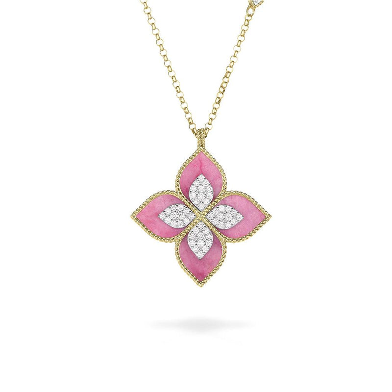 Roberto Coin 18k Yellow Gold Venetian Princess Collection Rhodonite Inlay Floral Pendant Necklace