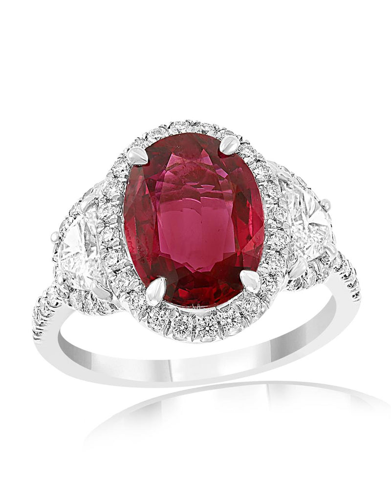 Davis Classics Platinum Halo Three-Stone Thailand Ruby and Diamond Ring