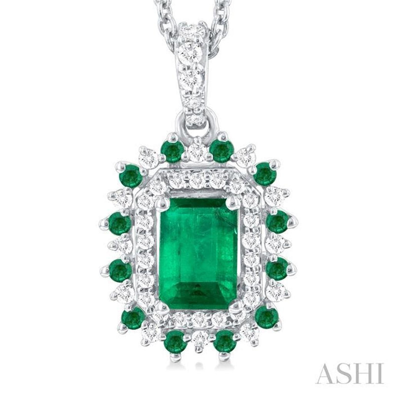 Davis Classics 14k White Gold Emerald and Diamond Double Halo Pendant Necklace