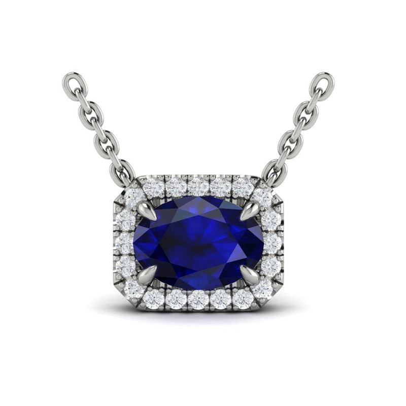 Vlora 14k White Gold Adella Color Collection East/West Halo Design Blue Sapphire and Diamond Pendant Necklace