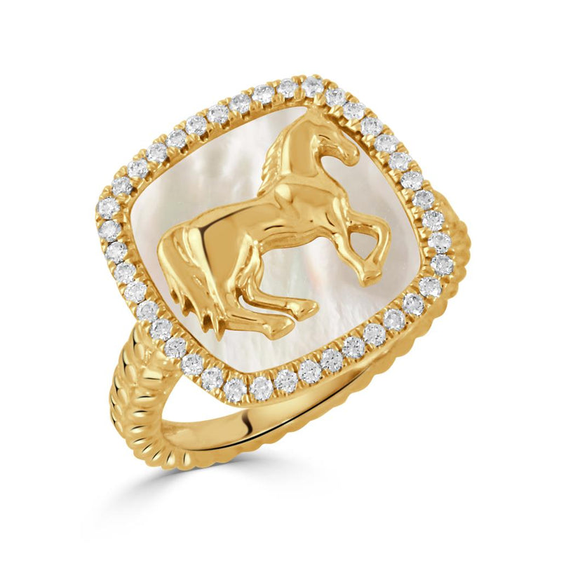 Doves 18k Yellow Gold Equestrian Collection Mother of Pearl and Diamond Horse Fashion Ring