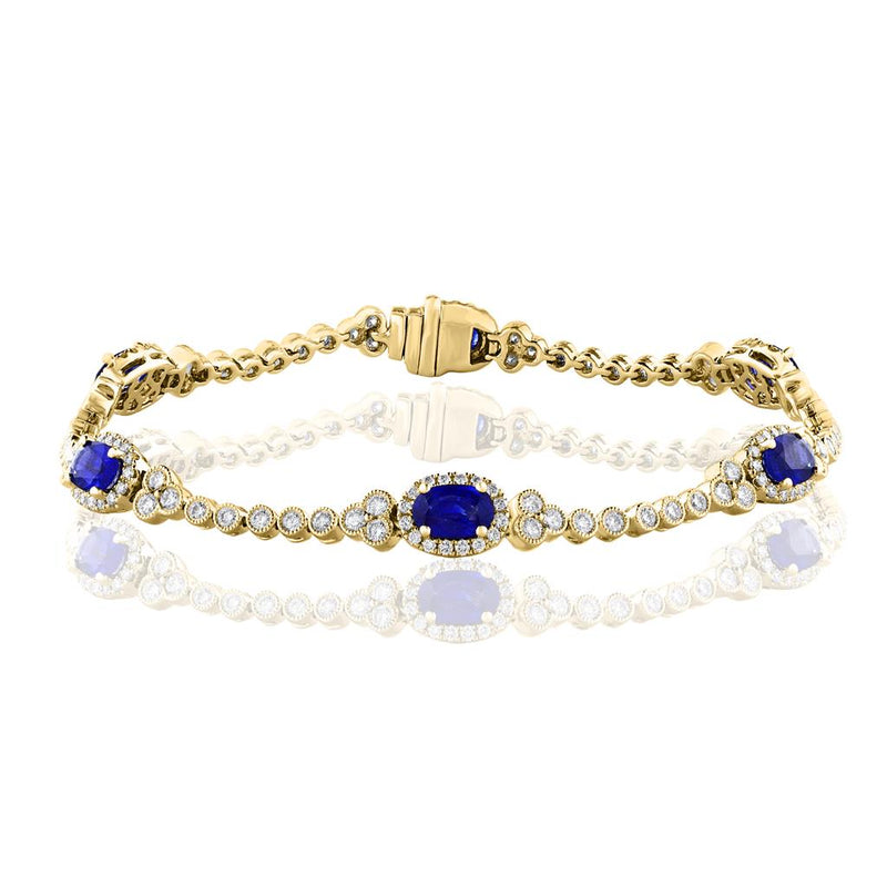 Davis Classics 18k Yellow Gold Blue Sapphire and Diamond Halo Station Bracelet