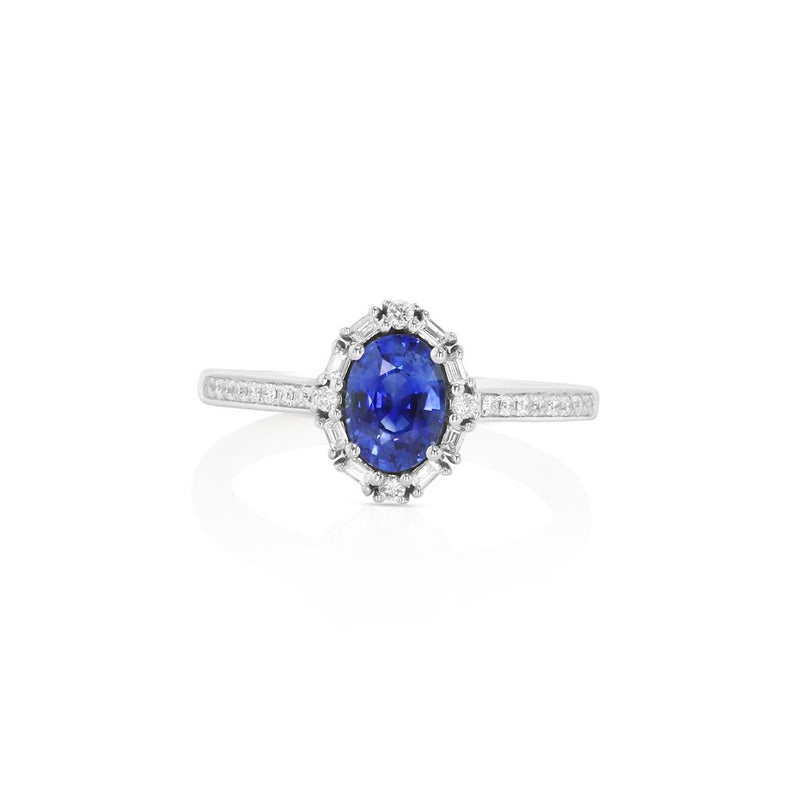 Yael 18k White Gold Blue Sapphire and Diamond Halo Ring