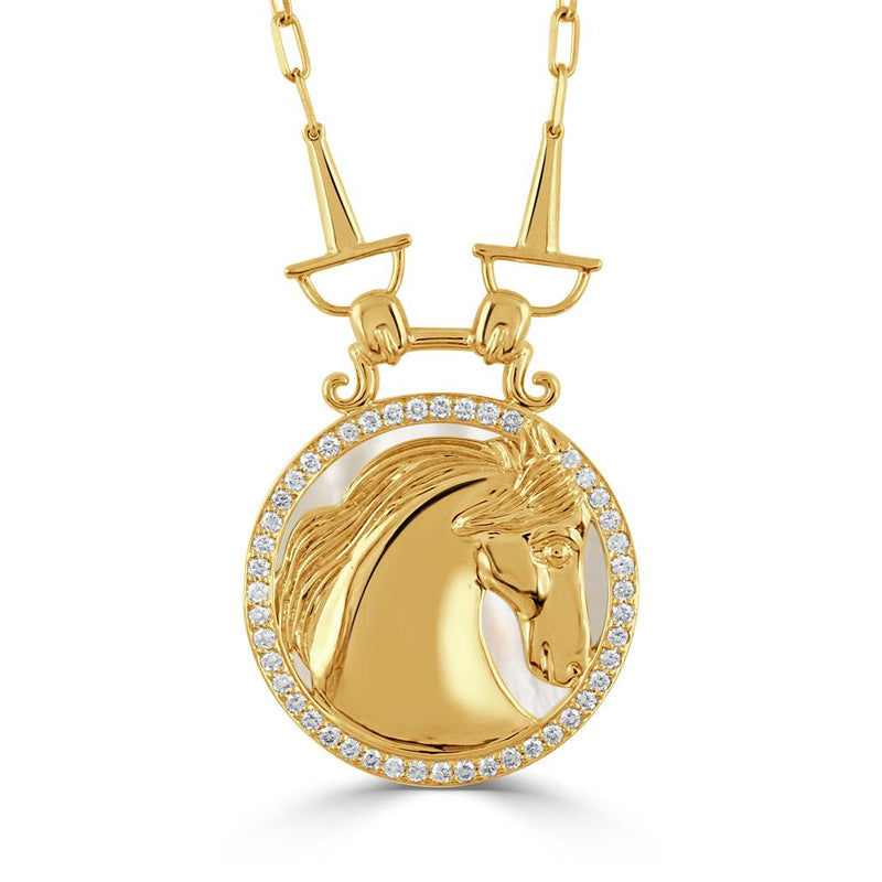 Doves 18k Yellow Gold Equestrian Mother of Pearl and Diamond Horse Head Pendant Necklace