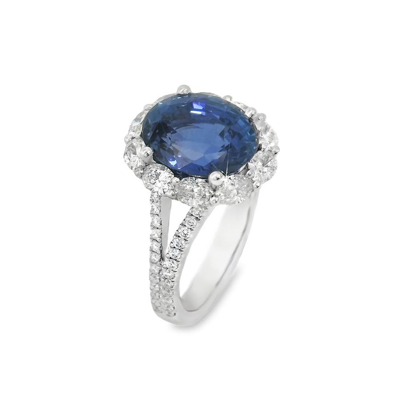 Davis Classics 18k White Gold Blue Sapphire and Diamond Halo Ring