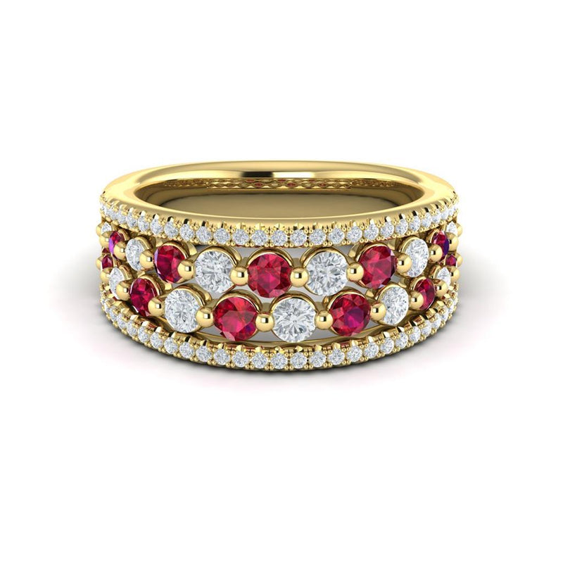 Vlora 14k Yellow Gold Adella Color Collection Checkerboard Design Wide Ruby and Diamond Fashion Band