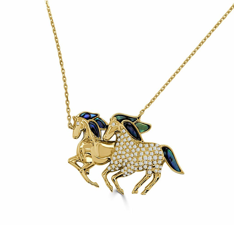 Frederic Sage 14k Yellow Gold Double Stallion Pendant with Abalone and Diamond Accents