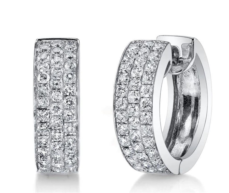 Davis Classics 14k White Gold Three Row Huggie Hoop Diamond Earrings