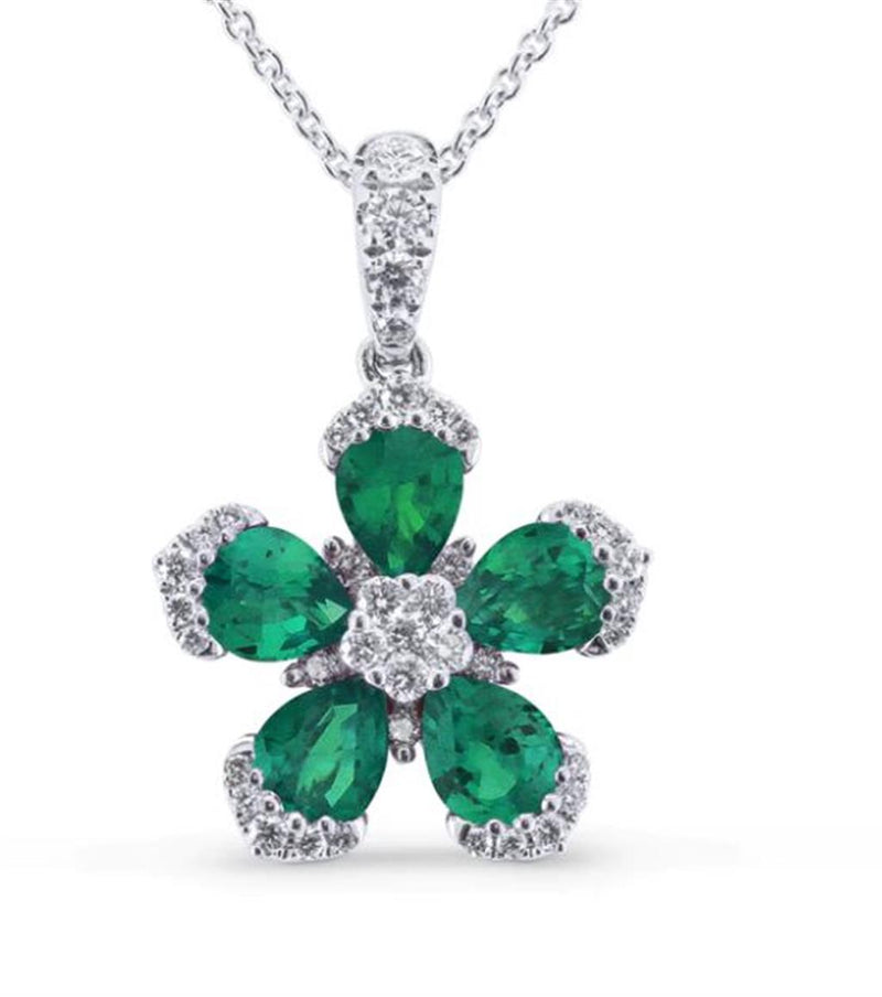 Madison L 18k White Gold Arianna Collection Floral Design Emerald and Diamond Pendant