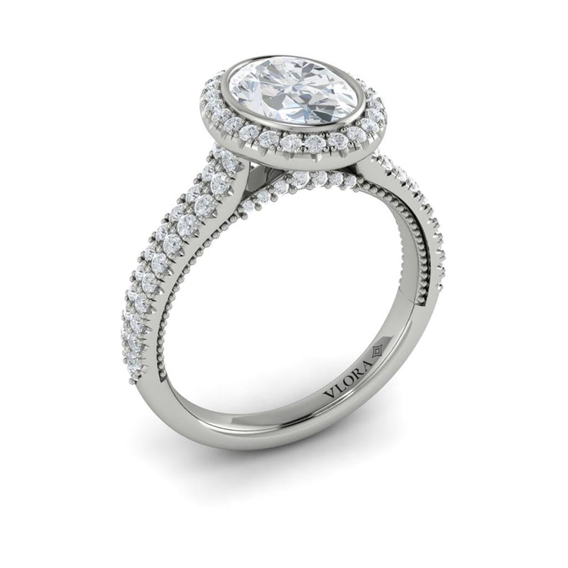 Vlora 14k White Gold Halo Collection Oval Bezel Halo Double Row Diamond Engagement Ring Setting