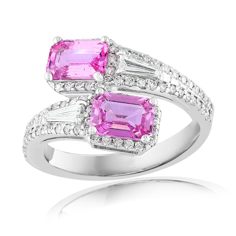 Davis Classics 14k White Gold Pink Sapphire and Diamond Halo Bypass Ring