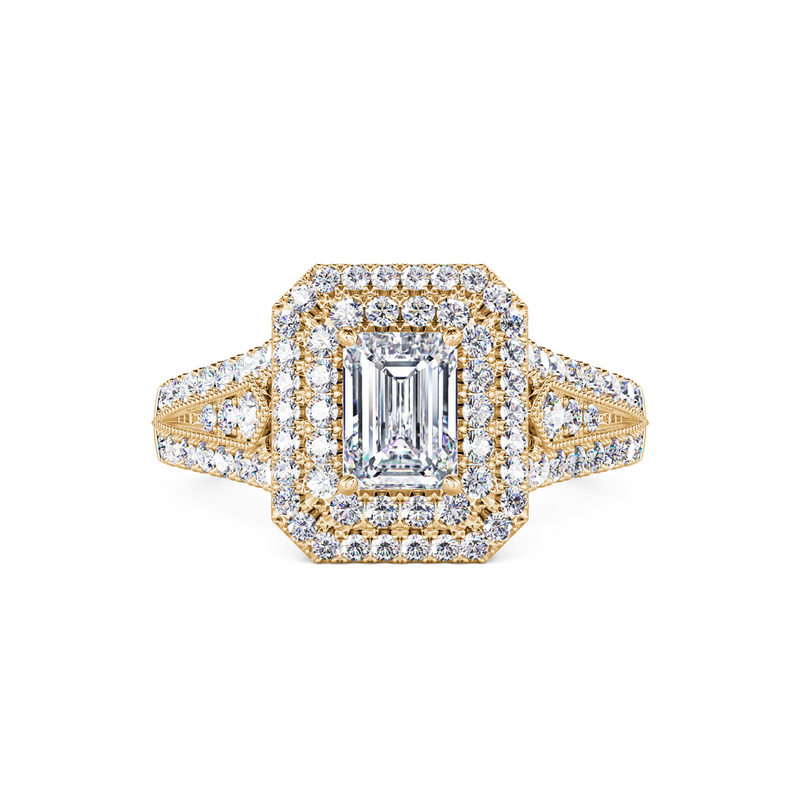 Davis Classics Proposal Ready Double Halo Split Shank Diamond Engagement Ring in 14k Yellow Gold.