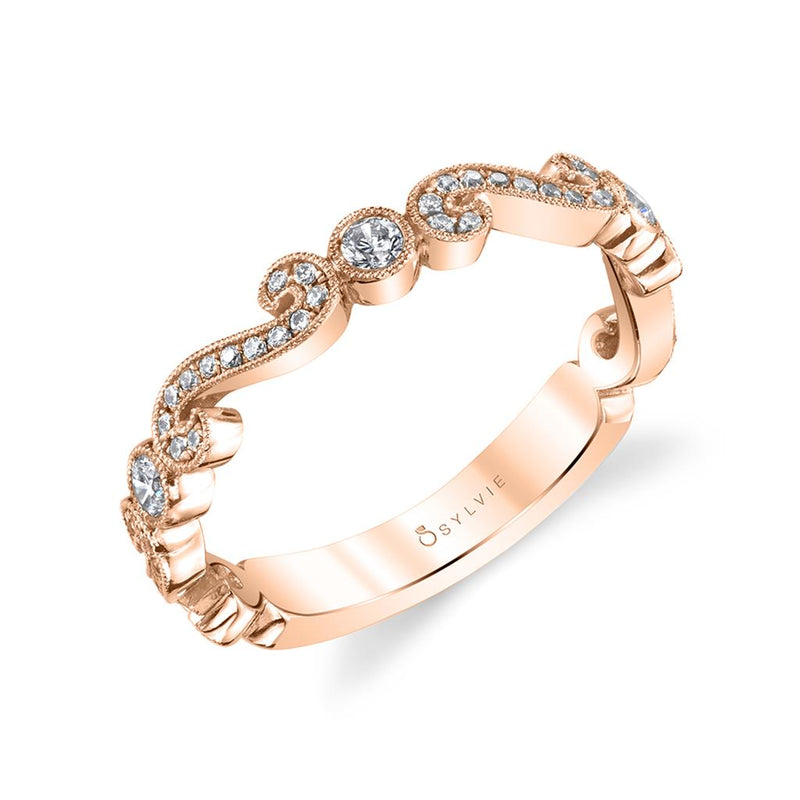 Sylvie Women's 14k Rose Gold Vintage-Inspired Scroll Design Diamond Band with Milgrain Detail