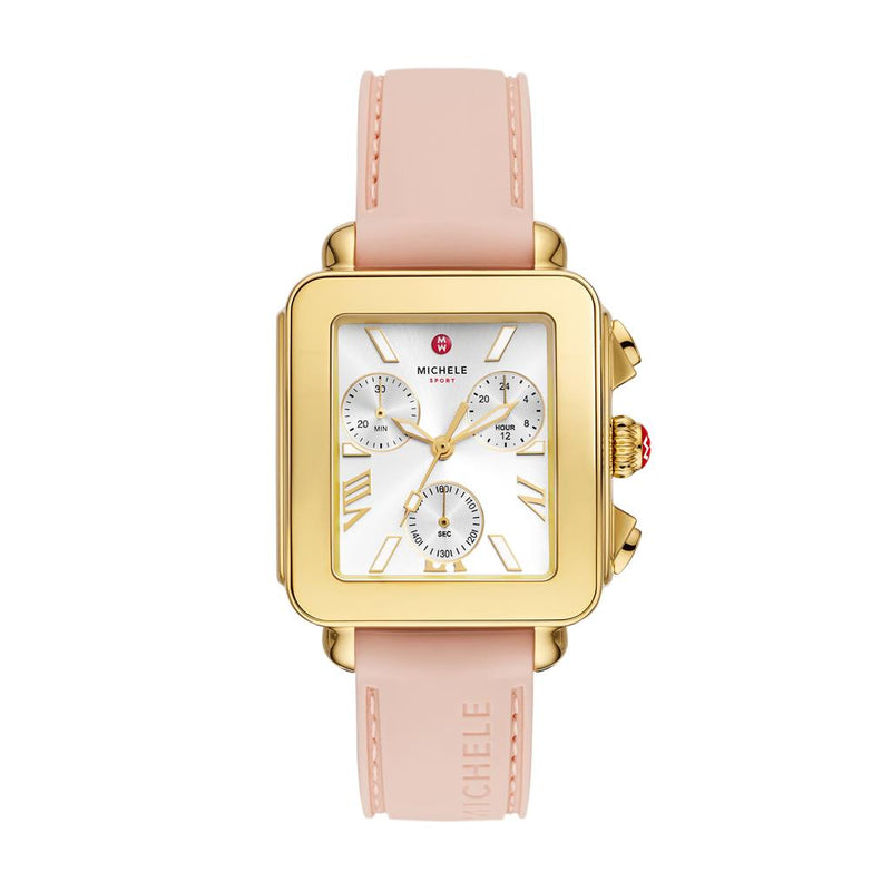 Michele Deco Sport Chronograph Gold-Plated Ballet Pink Silicone Watch