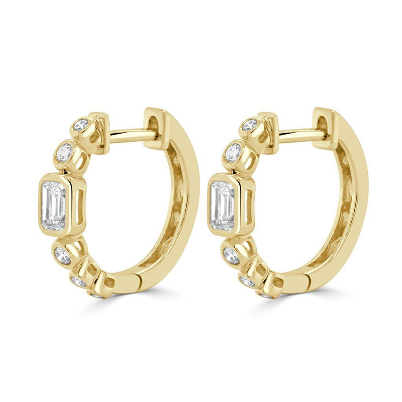 Davis Classics 14k Yellow Gold Station Style Emerald-Cut Diamond Huggie Hoop Earrings