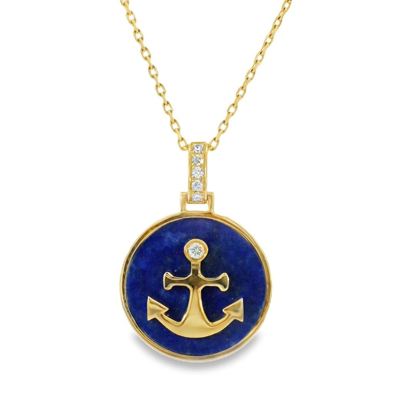 Frederic Sage 14k Yellow Gold Lapis Lazuli and Diamond Anchor Pendant