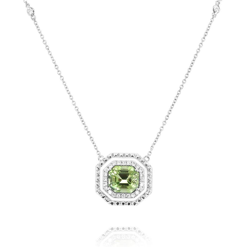 Yael Designs 18k White Gold Mint Tourmaline and Diamond Art Deco Pendant Necklace