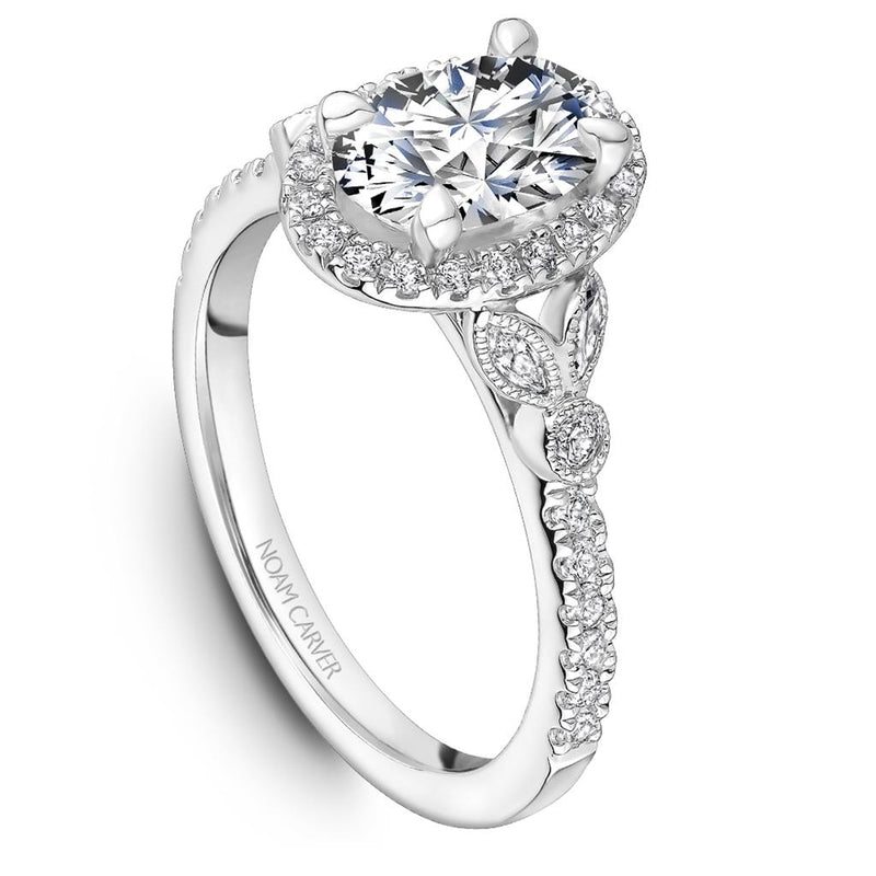 Noam Carver 14k White Gold Floral Vintage Oval Halo Engagement Ring Setting with Milgrain Detail