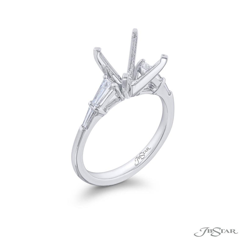 JB Star Platinum Three-Stone Inspired Engagement Ring with Tapered Baguette Cut Diamonds