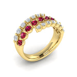 Vlora 14k Yellow Gold Adella Color Collection Triple Row Bypass Design Ruby and Diamond Fashion Ring