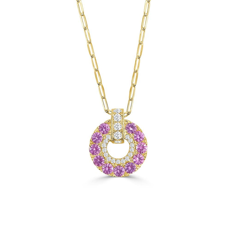 Frederic Sage 14k Yellow Gold Nebula Collection Open Circle Pink Sapphire and Diamond Pendant