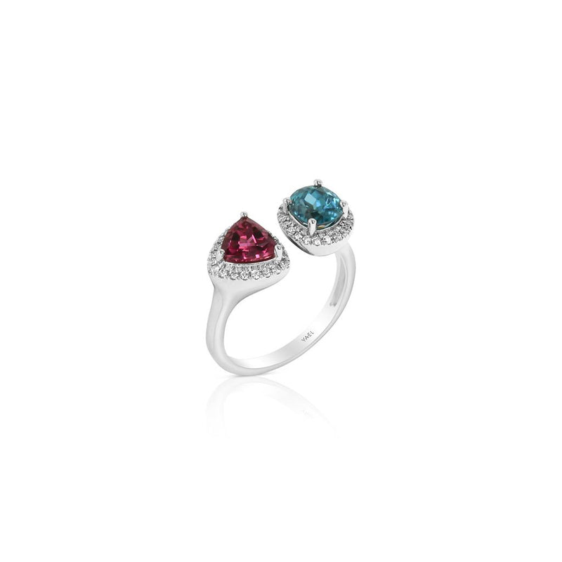 Yael Designs 18k White Gold Toi Moi Collection Blue Zircon and Rubellite Tourmaline Fashion Ring