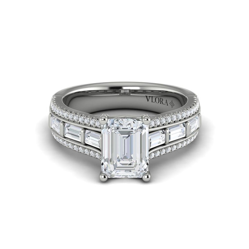 Vlora 14k White Gold Classic Collection Cathedral Triple Row Emerald-Cut Diamond Engagement Ring Setting