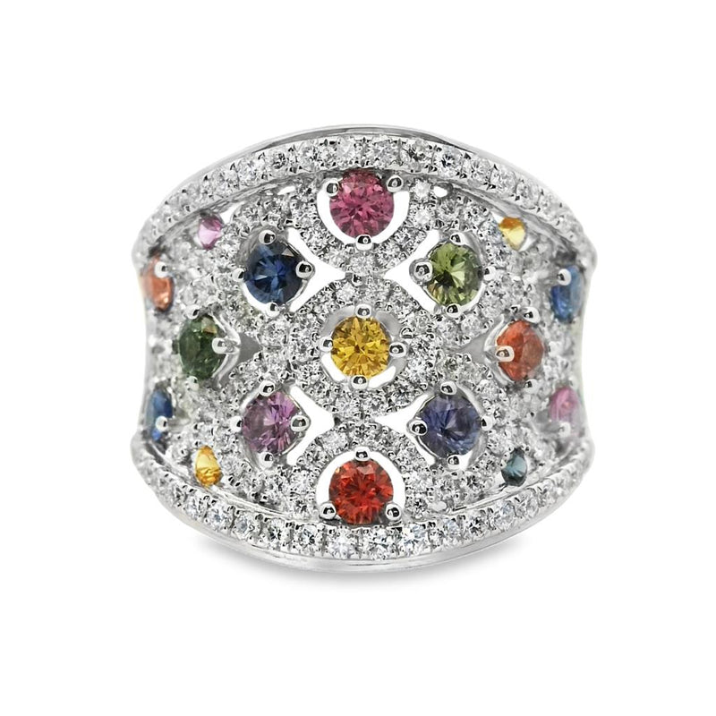 Charles Krypell 18k White Gold Multi-Colored Sapphire and Diamond Saddle Statement Ring