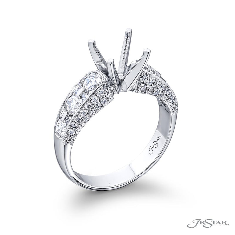 JB Star Platinum Multi-Row Engagement Ring with Round Brilliant and Trapezoid Cut Diamonds