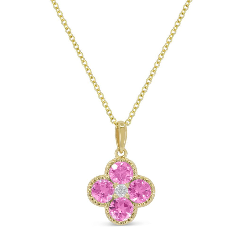 Madison L 
14k Yellow Gold Clover Design Lab-Created Pink Sapphire and Diamond Pendant Necklace