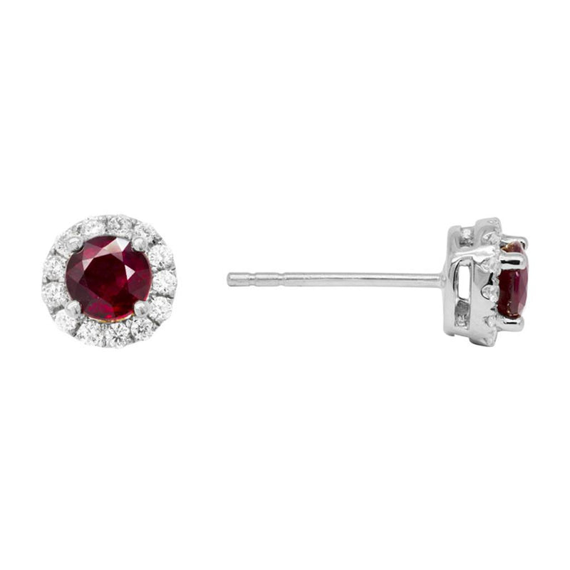 Davis Classics 14k White Gold Ruby and Diamond Halo Stud Earrings