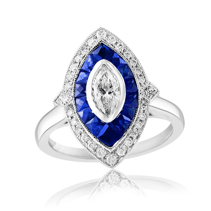 Davis Classics 18k White Gold Vintage Marquise Double Halo Sapphire and Diamond Fashion Ring