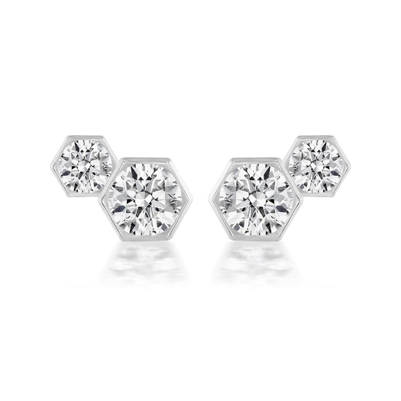 Davis Classics 18k White Gold Hex Broadway Diamond Stud Earrings