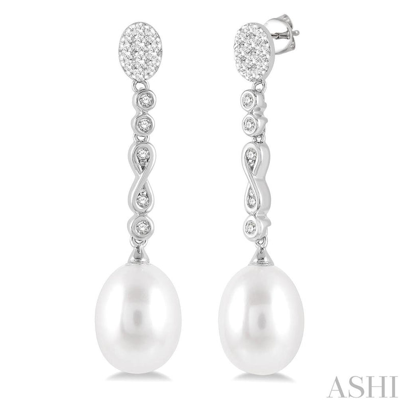 Davis Classics 14k White Gold Vintage-Style Pearl and Diamond Drop Earrings