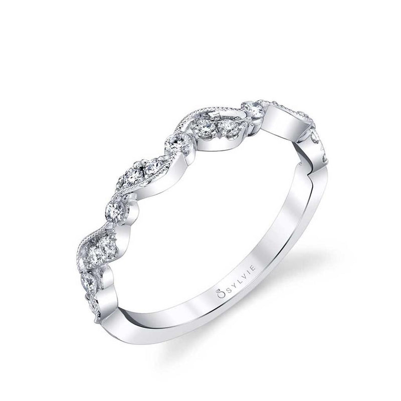 Sylvie Women's 14k White Gold Vintage-Inspired Ribbon Design Diamond Band with Milgrain Detail