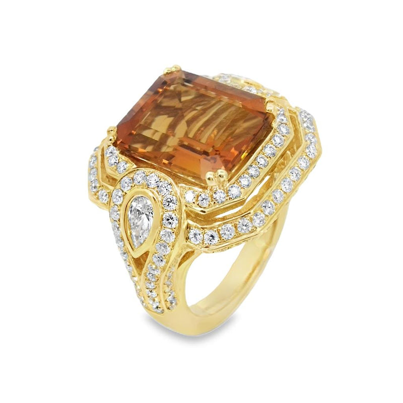 Charles Krypell 18k Yellow Gold Citrine and Diamond Double Halo Three-Stone Ring