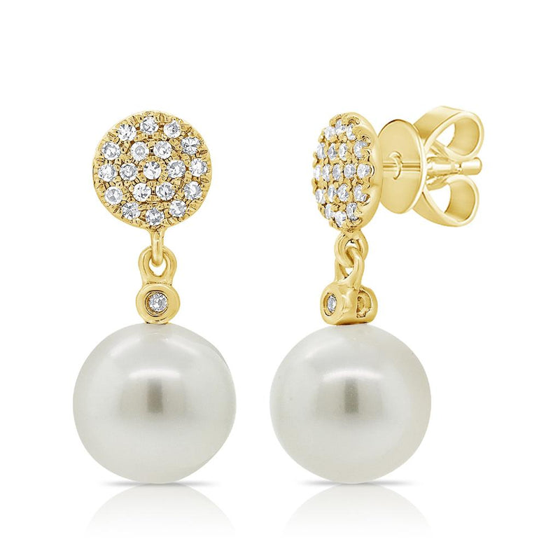 Davis Classics 14k Yellow Gold Pearl and Diamond Drop Earrings